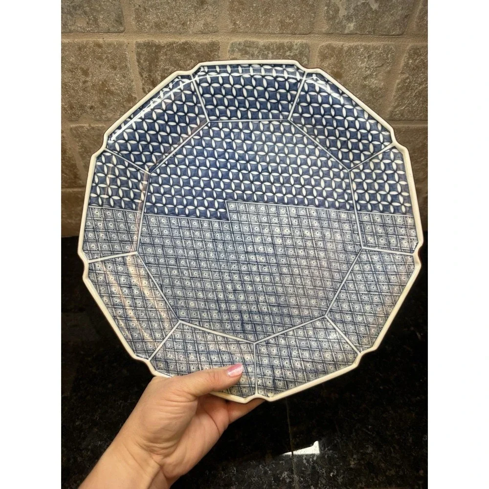 Vintage Blue & White Chinoiserie Japanese 9 Sided‎ Porcelain Platter 12